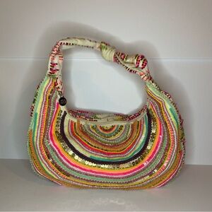 America & Beyond Boho Beaded Sequin Hobo Shoulder Bag Multicolor Knotted Strap